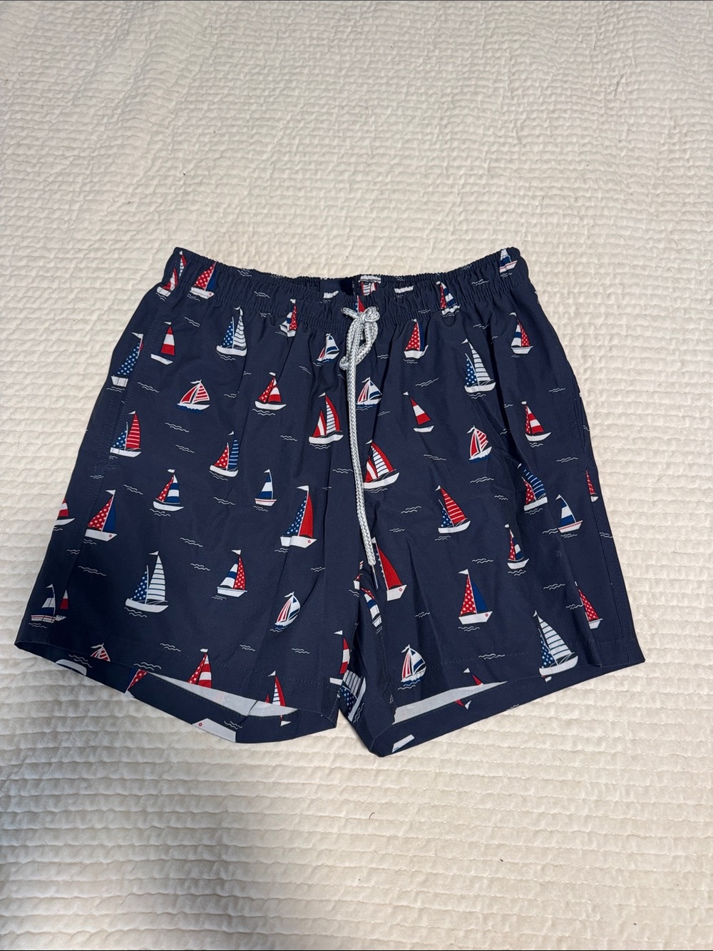 RAINFOREST Navy Swim Shorts with Red, White & Blue Sailboat Detail